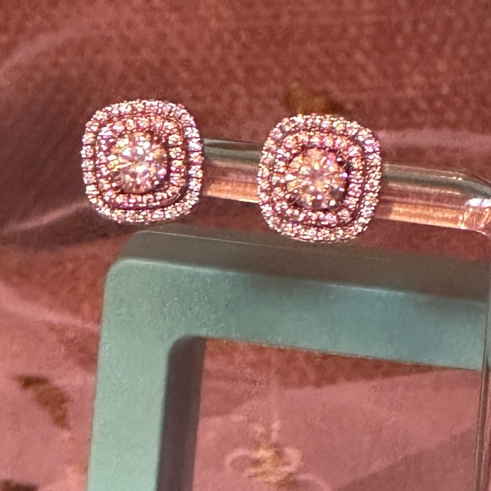 Moissanite One Carat Pink and White Square Studs in Sterling Silver S925 GRACert